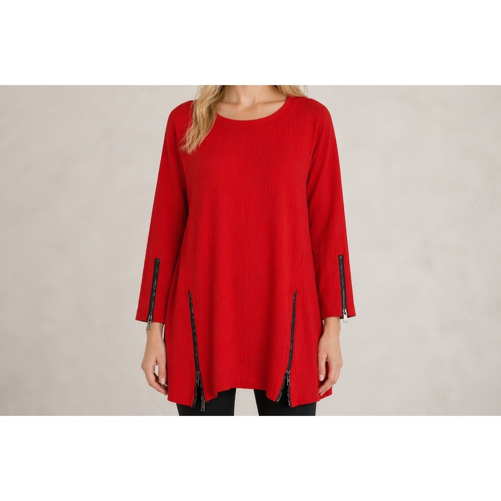 Ali Miles Red Textured Artsy Tunic Dress Zipper Accent Statement Elegant SZ Med